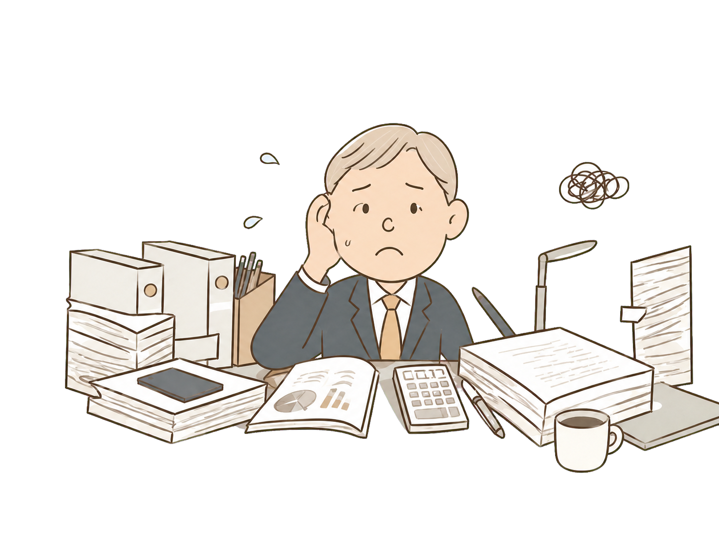紙のタイムカードと転記作業に追われる職員のイラスト